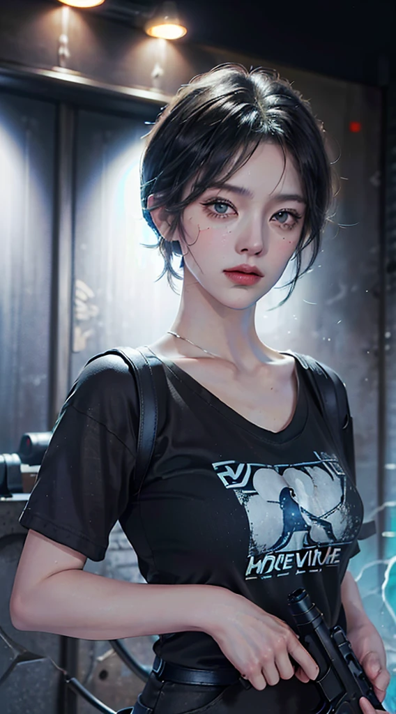 photo, (realistic: 1.4), (Exaggerated: 1.4), (cinema: 1.5), A woman in her 20s., Japan, woman with gun, (desert eagle), Nikita, nighttime, blue light, tension, short hair, Hold a gun in both hands, basement, black t-shirt, Wires on the wall, Water pipe
