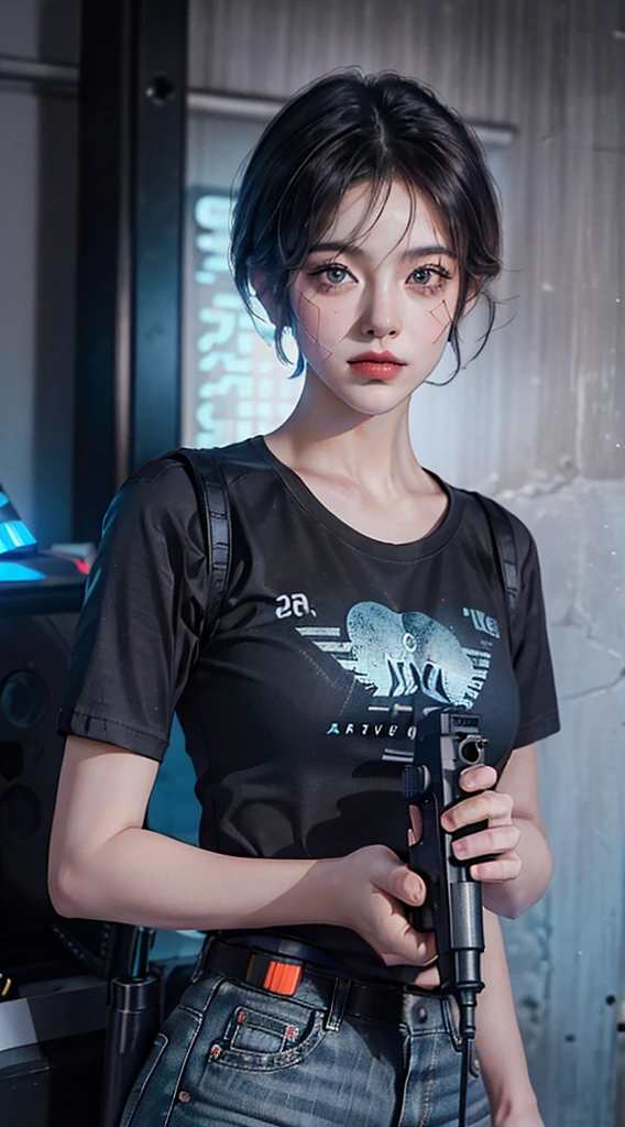 photo, (realistic: 1.4), (Exaggerated: 1.4), (cinema: 1.5), A woman in her 20s., Japan, woman with gun, (desert eagle), Nikita, nighttime, blue light, tension, short hair, Hold a gun in both hands, basement, black t-shirt, Wires on the wall, Water pipe