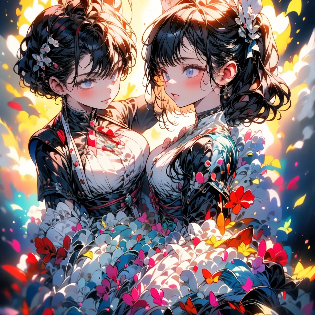 Highest quality, 4k wallpaper, 8k, ultra-high resolution, masterpiece, highly detailed CG, highly detailed eyes, ultra-detailed, complex details, public, 1:1, one girl (long black hair, slim) and one boy, a lonely girl in the center looking up, a shy and lonely girl in the center, a scene where the girl and the boy are passing by each other, neon pop abstract art style, abstract plant art, public, highly detailed flow of bubbles, dynamic art, cinematic lighting