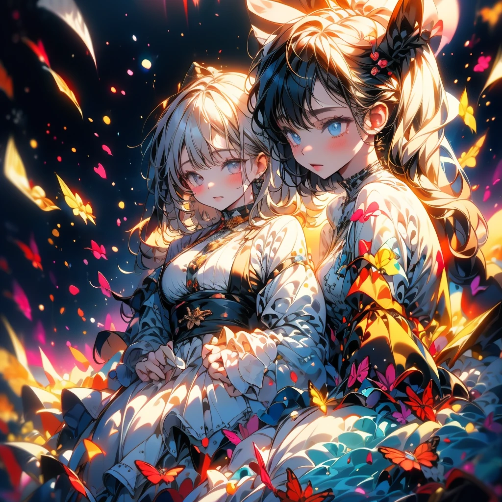 Highest quality, 4k wallpaper, 8k, ultra-high resolution, masterpiece, highly detailed CG, highly detailed eyes, ultra-detailed, complex details, public, 1:1, one girl (long black hair, slim) and one boy, a lonely girl in the center looking up, a shy and lonely girl in the center, a scene where the girl and the boy are passing by each other, neon pop abstract art style, abstract plant art, public, highly detailed flow of bubbles, dynamic art, cinematic lighting