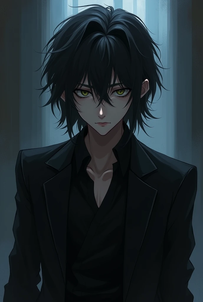 dark alluring anime guy with medium hair, frowning, pale