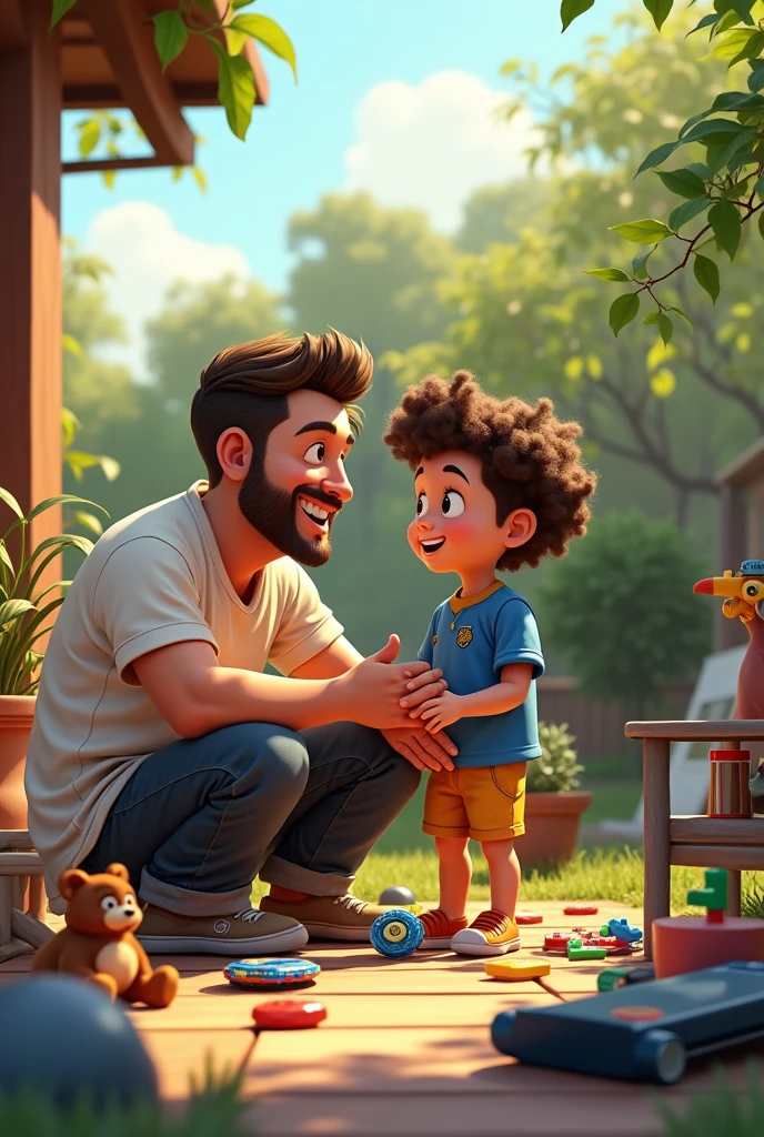 Father with short hair and beard and son with curly hair wearing a São Paulo Football Club shirt talking in the backyard with several toys around, judo kimono, bal, blayblade, Video game, skate, Lego, rocket ship