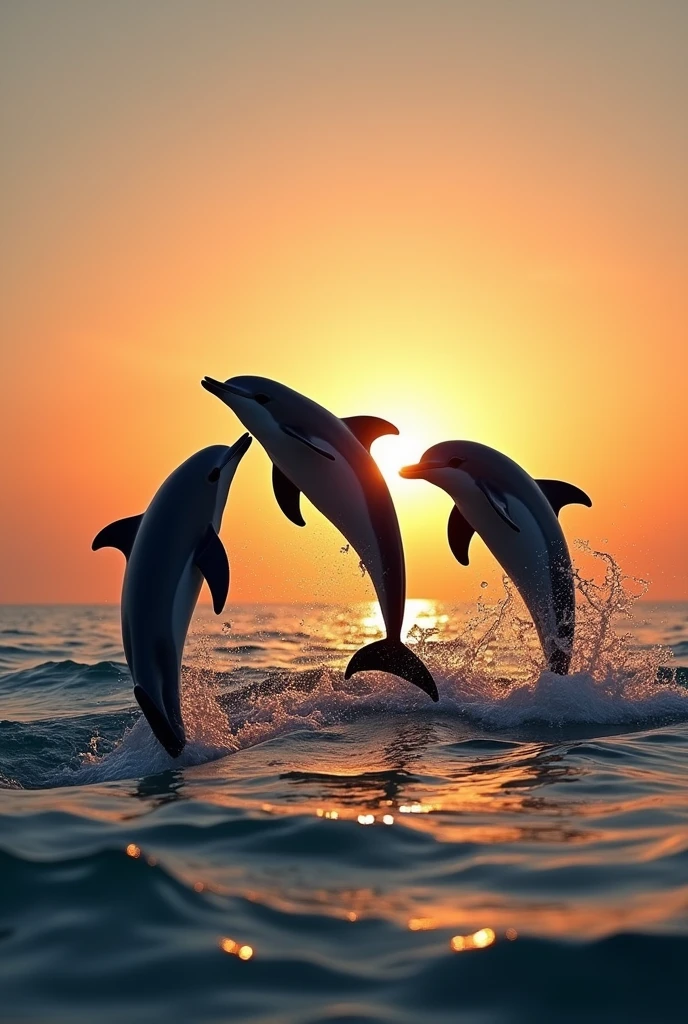 Silhouette of three dolphins jumping upwards in the ocean