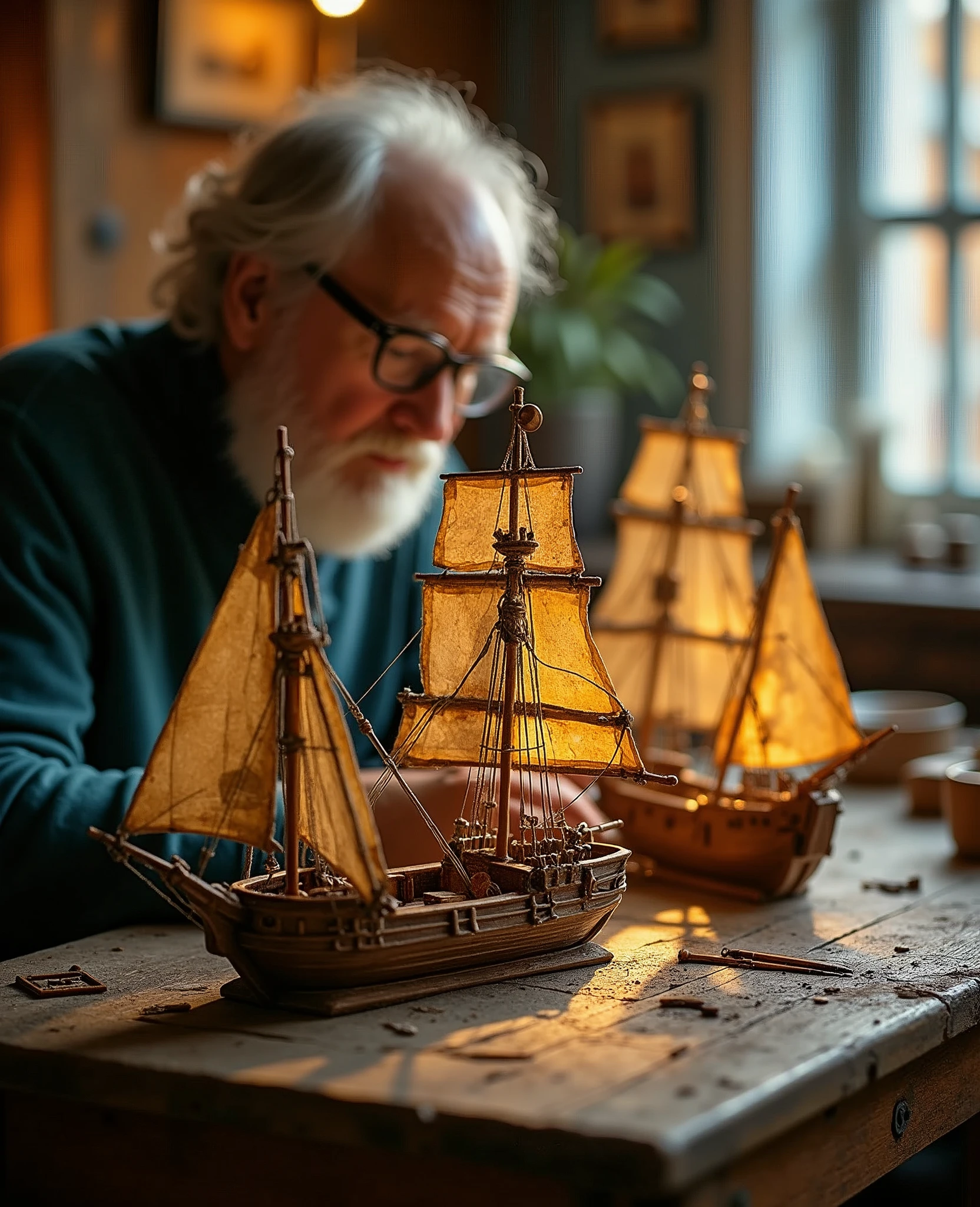 A work made by an old man whose hobby is model sailing ships,Medieval European Sailing Ships,A miniature pedestal that projects a scene,Expressed in warm colors