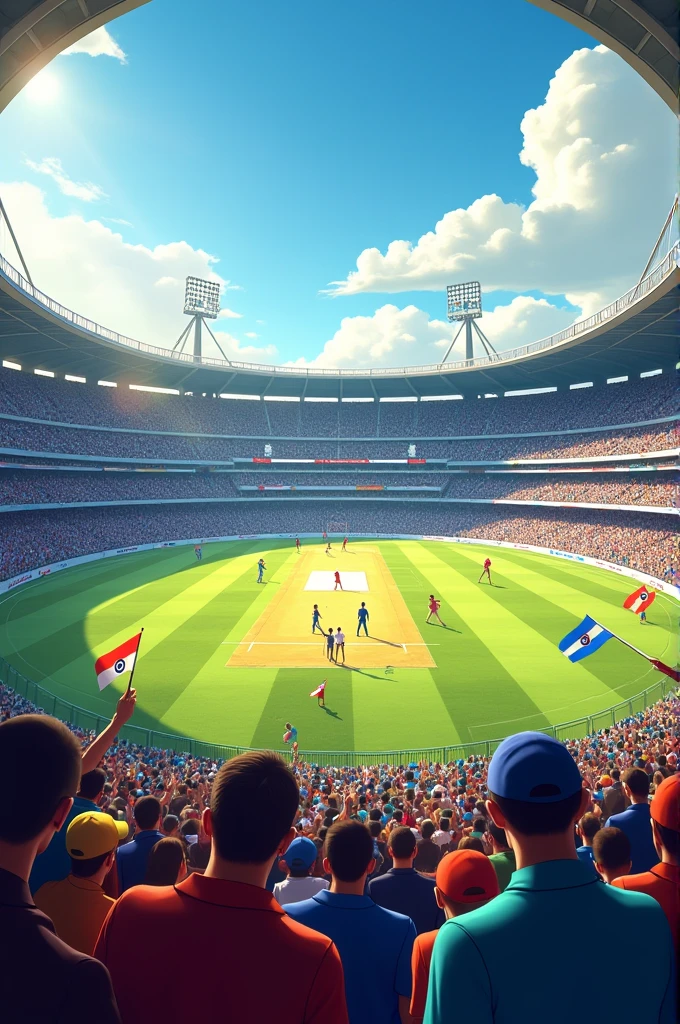 A cricket stadium full of public watching a cricket match