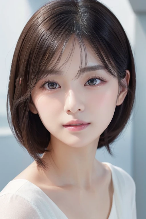 High-quality, ultra-realistic portraits。She has a small, delicate face、I have a slightly rounded face shape。Her expressive almond-shaped eyes have a gentle and warm gaze.、I have strong eyebrows。Her skin is pure and translucent white.、It has a natural shine。Her hair is medium length and straight, black.、Simple and elegantly appointed。Makeup is natural、A light foundation and subtle blush、Uses a soft pink lip color。The lighting is soft and natural.、Accentuating facial features、Does not emphasize shadows。The background is simple and has a blurred gradient.、Focus on the face。
