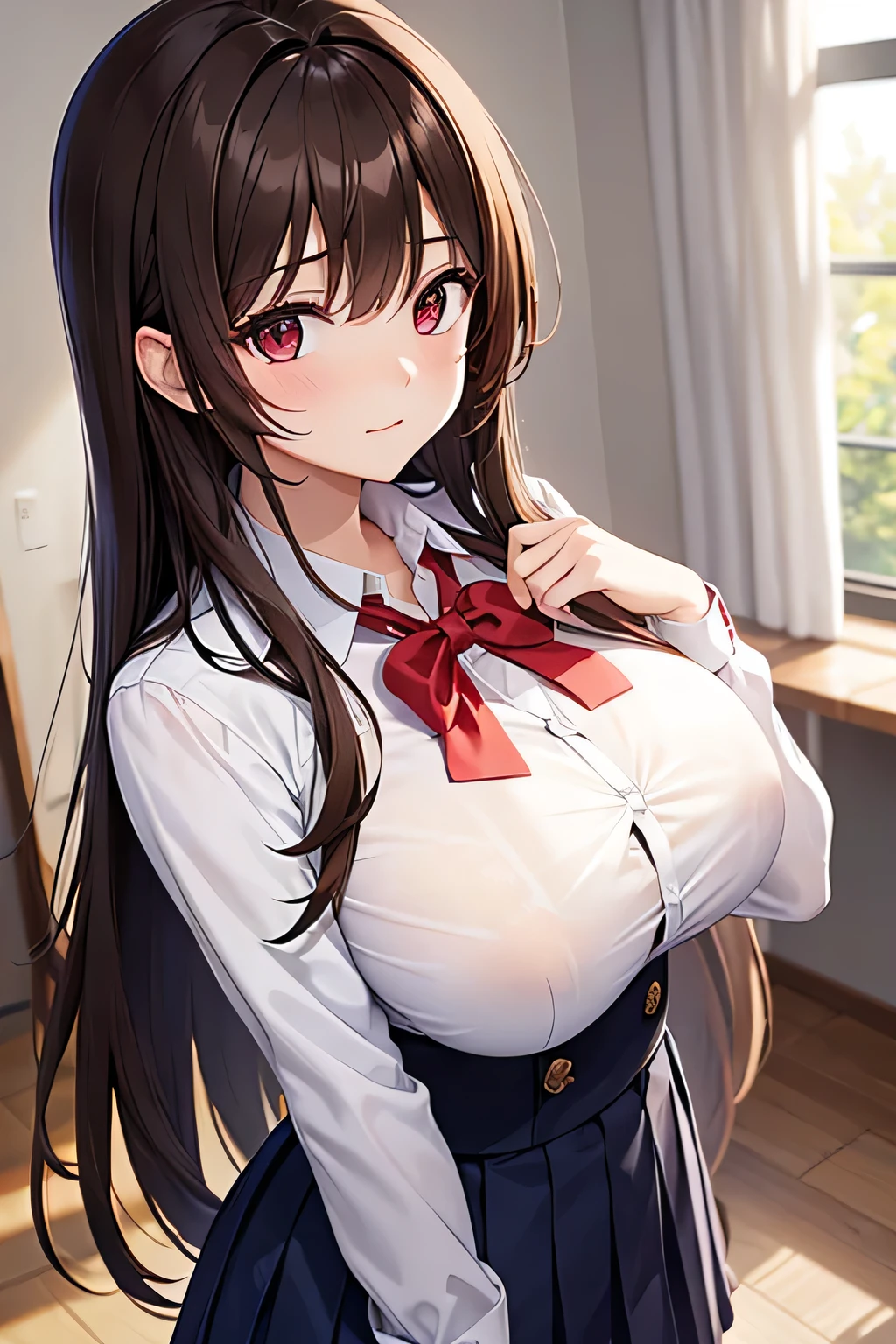 A woman in a school uniform、Brown Hair、Long Hair、Red eyes、Big Breasts、