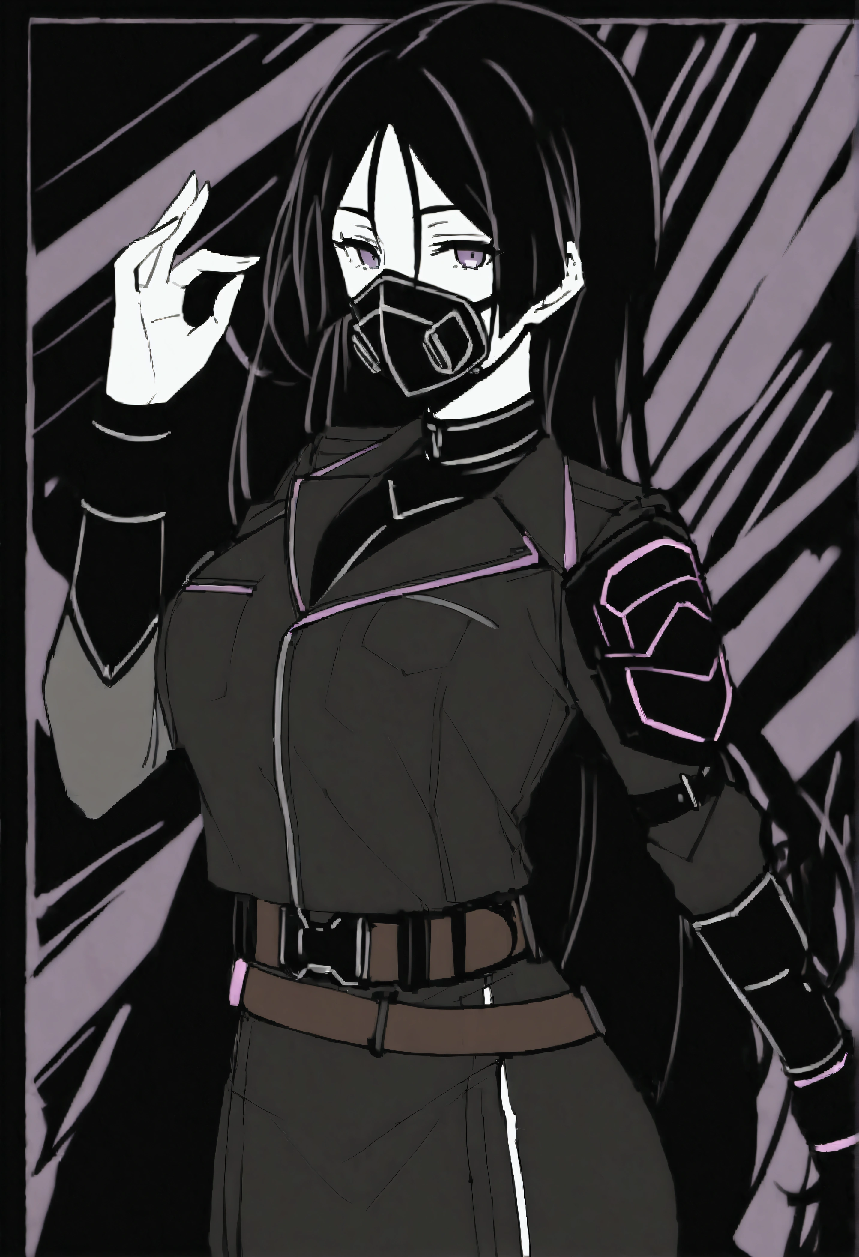 masterpiece、Highest quality、One mature woman、Raikou、A motherly smile、score_9、score_8_up、score_7_up、score_6_up、lucy \(cyber punk\)、Arm Covers、(Black Combat Mask:1.5)、Brown Harness、Tactical Belt、Combat Pose、(One hand up)、、、Express、、sinozick style、flat color、Dark Theme