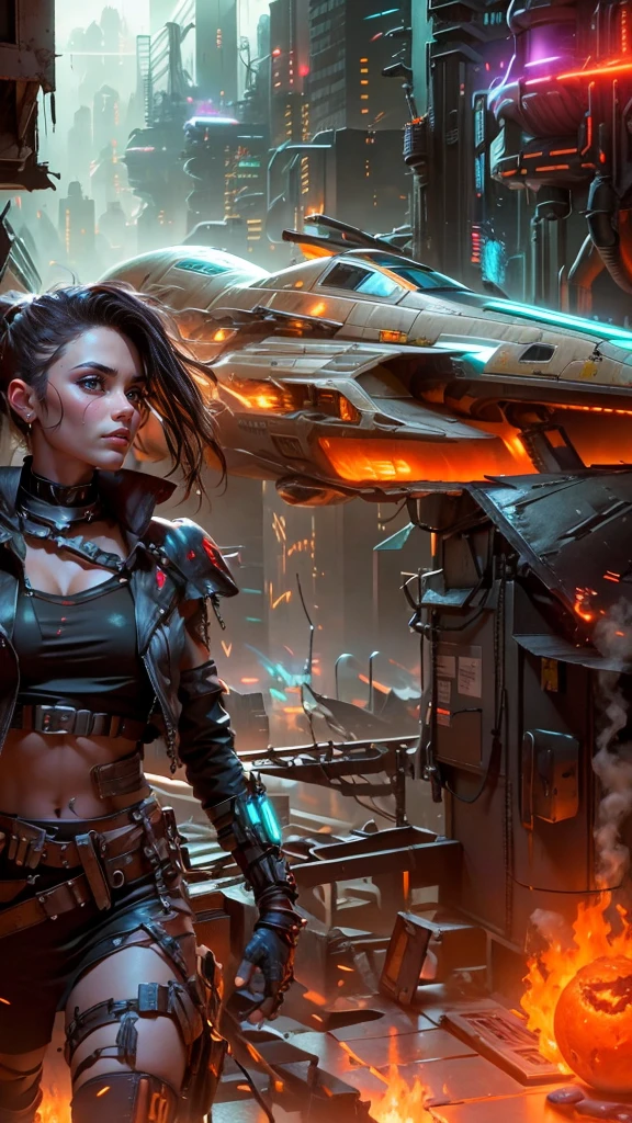 Scene:

The foreground is dominated by a breathtaking view of a cyberpunk warrior woman. Her chrome and leather armor gleams under the neon glow of the cityscape, each cybernetic enhancement a testament to her prowess. Her piercing gaze fixates on a point beyond the viewer, hinting at a hidden threat or unwavering determination.

In the background, a massive spaceship descends towards the sprawling spaceport. Its sleek, aerodynamic hull is marred by patches of flickering red, suggesting a fire raging within. Smoke and sparks billow from its underbelly, casting an ominous orange haze on the landing platform below.

Details:

The warrior woman's cybernetic enhancements could include a glowing eye implant, a concealed arm cannon, or reinforced exoskeletal limbs.
The cityscape is a chaotic blend of towering megastructures, neon advertisements, and flickering holographic displays. Rain slicks the metallic streets, reflecting the vibrant lights in a kaleidoscope of colors.
The spaceship's design hints at its troubled arrival. Burn marks scorch its surface, and emergency lights flash frantically. Cargo containers dangle precariously from its damaged hull.
Mood:

The scene evokes a sense of tension, urgency, and defiance. The warrior woman stands poised for action, her confident stance a stark contrast to the turmoil brewing in the background. The fiery spaceship foreshadows an impending crisis, yet the warrior's unwavering gaze suggests a flicker of hope amidst the chaos.