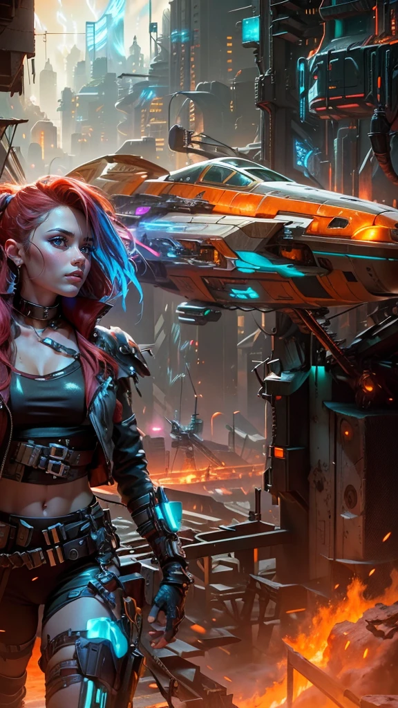 Scene:
The foreground is dominated by a breathtaking view of a cyberpunk warrior woman. Her chrome and leather armor gleams under the neon glow of the cityscape, each cybernetic enhancement a testament to her prowess. Her piercing gaze fixates on a point beyond the viewer, hinting at a hidden threat or unwavering determination.
In the background, a massive spaceship descends towards the sprawling spaceport. Its sleek, aerodynamic hull is marred by patches of flickering red, suggesting a fire raging within. Smoke and sparks billow from its underbelly, casting an ominous orange haze on the landing platform below.
Details:
The warrior woman's cybernetic enhancements could include a glowing eye implant, a concealed arm cannon, or reinforced exoskeletal limbs.
The cityscape is a chaotic blend of towering megastructures, neon advertisements, and flickering holographic displays. Rain slicks the metallic streets, reflecting the vibrant lights in a kaleidoscope of colors.
The spaceship's design hints at its troubled arrival. Burn marks scorch its surface, and emergency lights flash frantically. Cargo containers dangle precariously from its damaged hull.
Mood:
The scene evokes a sense of tension, urgency, and defiance. The warrior woman stands poised for action, her confident stance a stark contrast to the turmoil brewing in the background. The fiery spaceship foreshadows an impending crisis, yet the warrior's unwavering gaze suggests a flicker of hope amidst the chaos.
