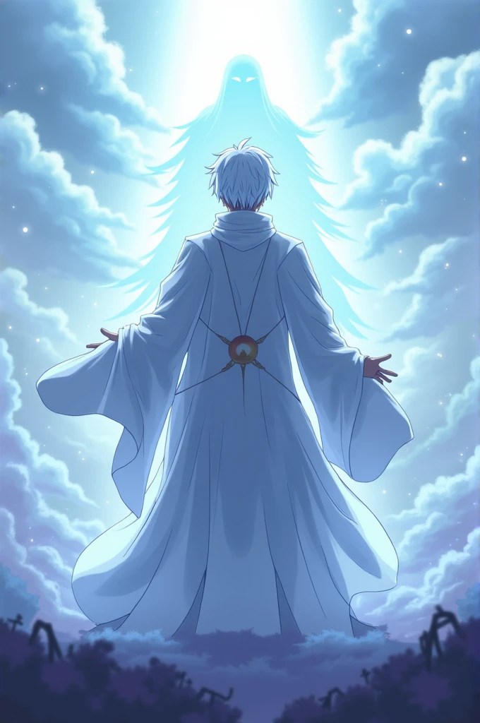 Make a gojo satoru anime‚ with reduce a power and light‚ background colour is light blue and purple‚ with fight of sukuna.