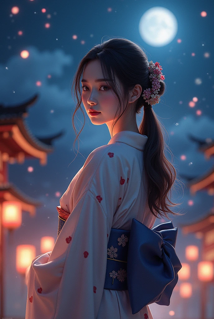 Kimono beauty　Night view　Brown Hair　ponytail