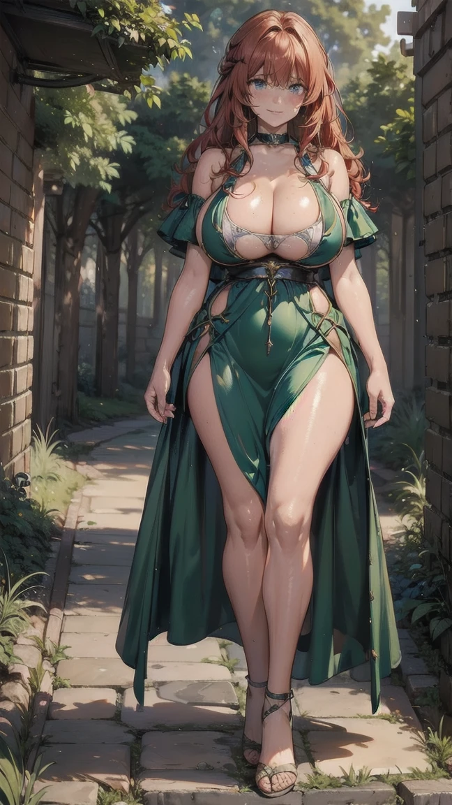 masterpiece,full body portrait, best quality, expressive eyes, perfect face, SunnyRay:1 cosplay attire to GobboslutV1, big eyes, looking at viewer, large breast, big breast, small waist, , Best Quality, Realistic, perfect figure, highly detailed, showing cleavage, dressed as merida from brave, Red curly hair, big hair, blue eyes, Green outfit, in the forest, bow and arrow, detailed dress, freckles on her face, cheek blush, big puffy hair, very curly hair, full body, hottest fantasy
