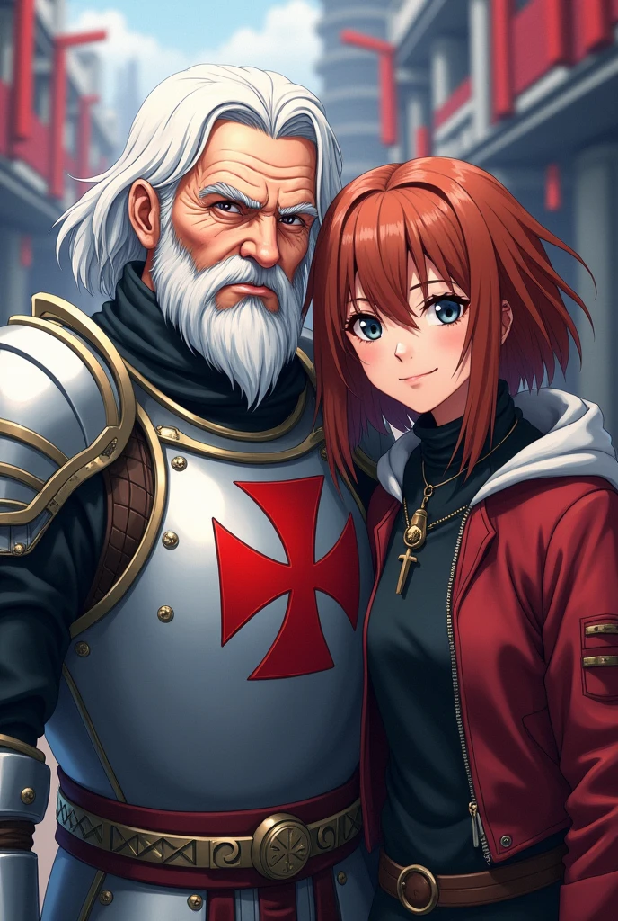An old human with white shoulder-length hair and a beard, human ears silver armor with a red Maltese cross on the chest next to a 1,68, with reddish brown hair and black clothes, both smiling at the camera, アニメ