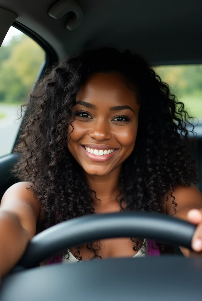  there is a black woman , the woman has curly black curly, she has brown skin, with dark brownish skin, with long curly, long black curly hair she is taking a long shot selfie in her 🚗 
