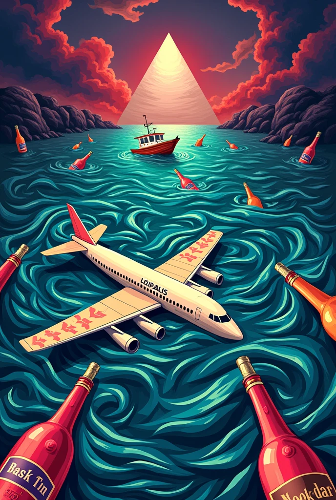 Pop art Bermuda triangle sinking plane and boat and liquor