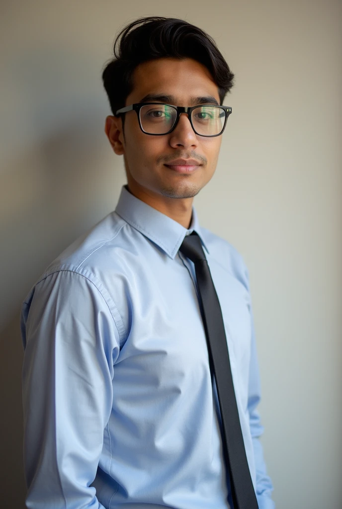 21 year old indian boy With fair skin Wearing spectacles and narrow body Posing for a linkedin picture in formals