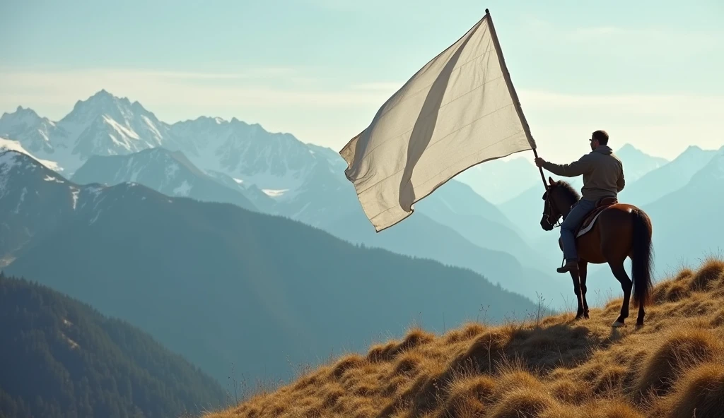 a man riding on a horse in mountains with a big white flag in his hand,