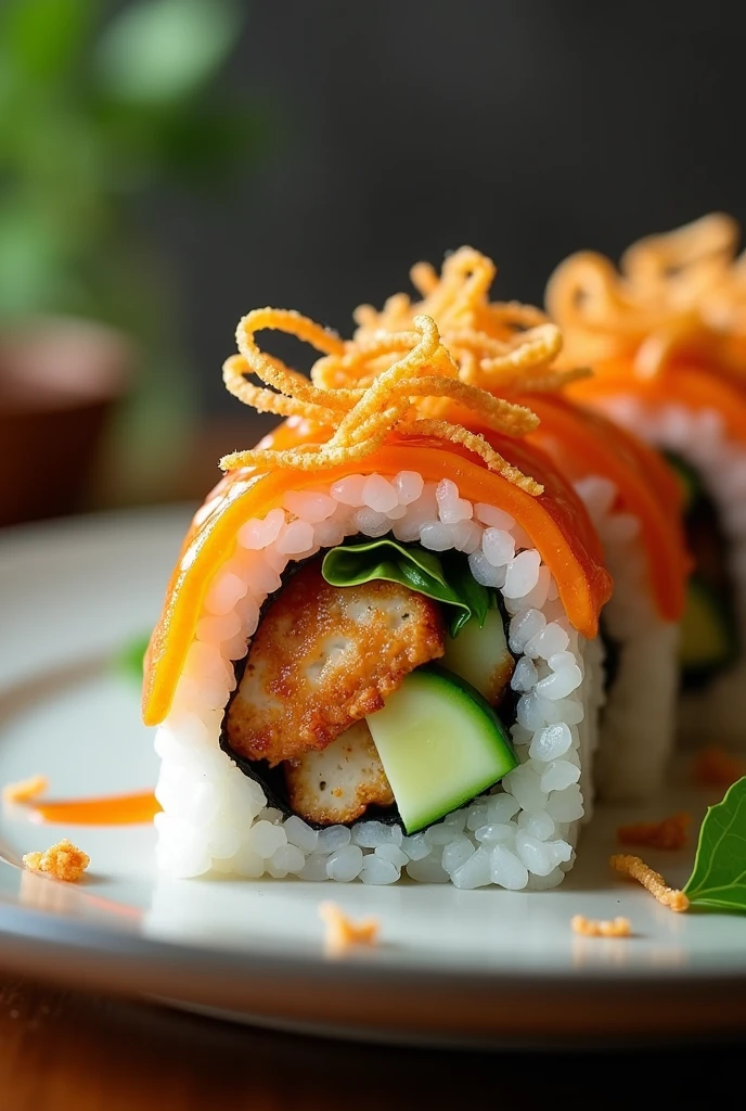 A sushi roll, with chicken reshmi kabab, thinly sliced cucumber and garlic coriander myo sauce as filling topped uith fried onion