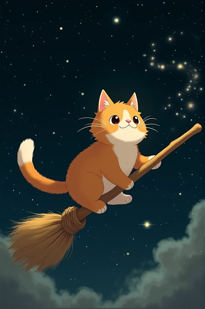 A cat flying through the stars on a broom、Ghibli style