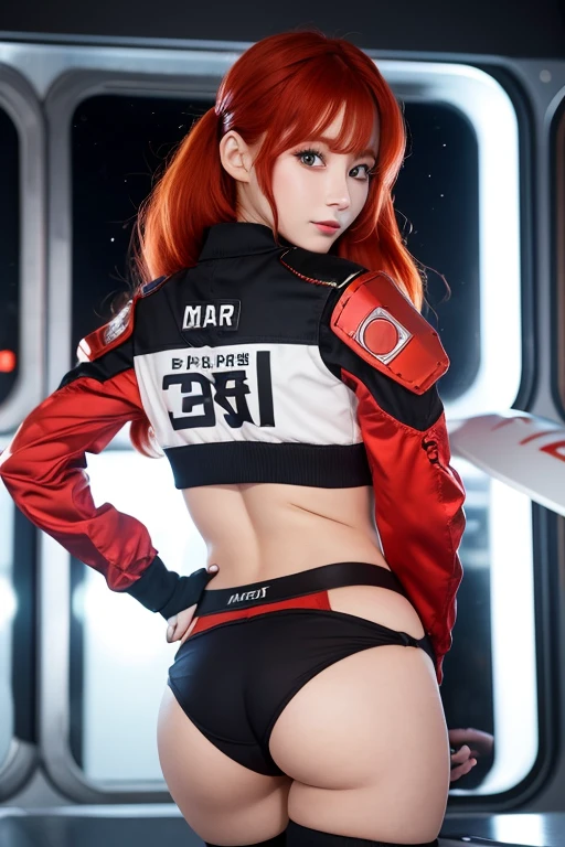 25 year old female, born on Mars, red hair, red eyes, cute, working at Mars orbital station, mobile mecha pilot, glamorous, camisole panties, round butt, wedgie panties