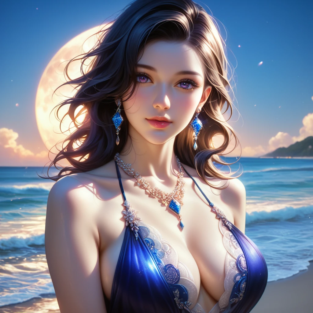 score_9, score_8_superior, score_7_superior, A masterpiece in 32K resolution,Highest quality,it is really amazing,Very detailed,Ultra-high resolution,Ultra-realistic,Realistic,Increased depth of field,Cinematic lighting,
Sexy mature Japan woman,
black straight medium hair,Ultra-detailed and beautiful face,Gentle expression,Translucent white skin,Realistic skin texture,
Elegant swimwear,
Elegant and luxurious design,Colorful color patterns,Beautifully detailed decoration,Detailed fabric texture,
Gorgeous necklace,Earrings,
Coastline at night,delay々A desolate sandy beach that continues,The huge moon illuminates the beach in a fantastic way,Dark clouds floating in the dark night sky,
Dramatic Angle,