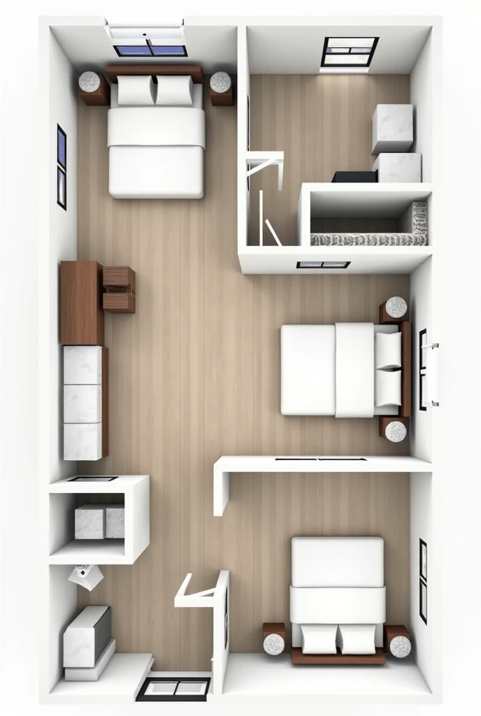 Pure rectangular triple bedroom flat with standard dimensions plan

