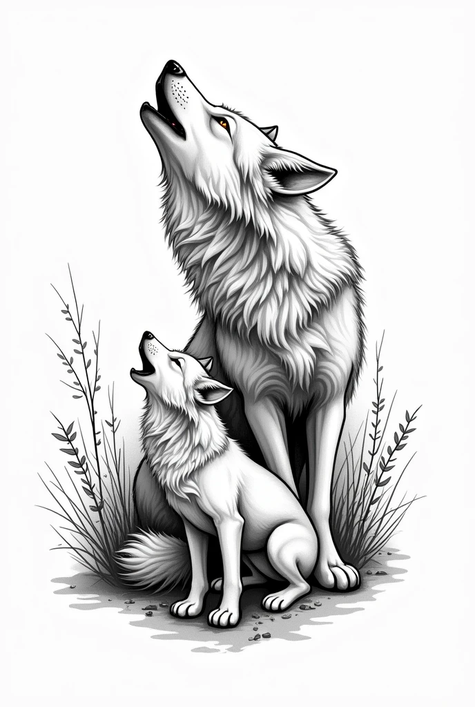 Would you like a basic tattoo of a big wolf and his little cub? (vector mode) and that both howl in the same direction Model of only lines or strokes