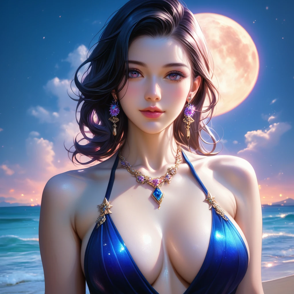 score_9, score_8_superior, score_7_superior, A masterpiece in 32K resolution,Highest quality,it is really amazing,Very detailed,Ultra-high resolution,Ultra-realistic,Realistic,Increased depth of field,Cinematic lighting,
Sexy mature Japan woman,
black straight medium hair,Ultra-detailed and beautiful face,Gentle expression,Translucent white skin,Realistic skin texture,
Elegant swimwear,
Elegant and luxurious design,Colorful color patterns,Beautifully detailed decoration,Detailed fabric texture,
Gorgeous necklace,Earrings,
Coastline at night,delay々A desolate sandy beach that continues,The huge moon illuminates the beach in a fantastic way,Dark clouds floating in the dark night sky,
Dramatic Angle,