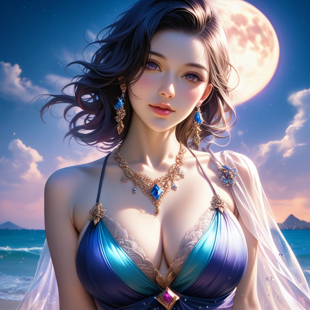 score_9, score_8_superior, score_7_superior, A masterpiece in 32K resolution,Highest quality,it is really amazing,Very detailed,Ultra-high resolution,Ultra-realistic,Realistic,Increased depth of field,Cinematic lighting,
Sexy mature Japan woman,
black straight medium hair,Ultra-detailed and beautiful face,Gentle expression,Translucent white skin,Realistic skin texture,
Elegant swimwear,
Elegant and luxurious design,Colorful color patterns,Beautifully detailed decoration,Detailed fabric texture,
Gorgeous necklace,Earrings,
Coastline at night,delay々A desolate sandy beach that continues,The huge moon illuminates the beach in a fantastic way,Dark clouds floating in the dark night sky,
Dramatic Angle,