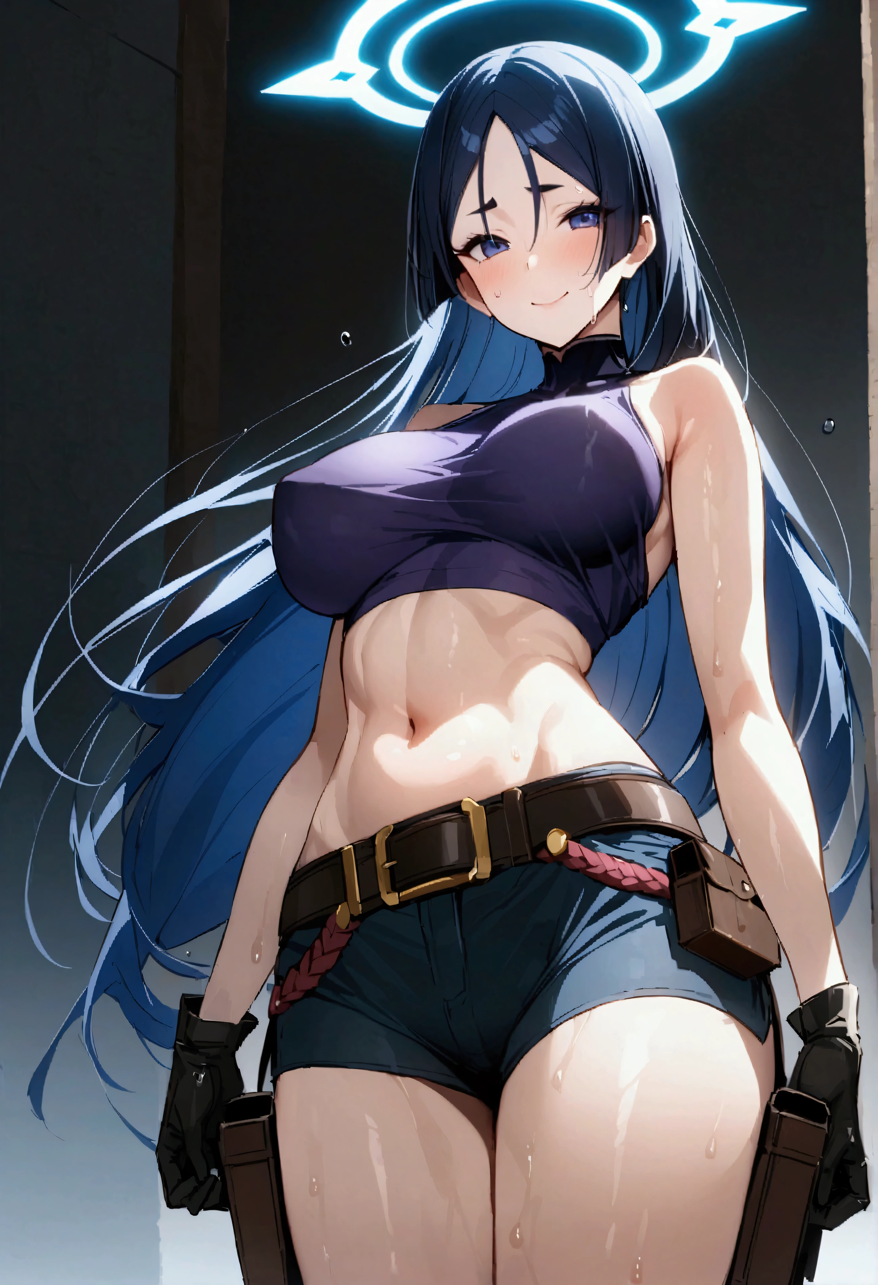 masterpiece、Highest quality、One mature woman、Raikou、A motherly smile、score_9、score_8_up、score_7_up、score_6_up、source_アニメ、、gen、Oiled skin、Wet、Shiny skin、Dripping、One girl、Saori（Blue Archive）、solo、chest、belly button、Underarm、hat、stomach、Long Hair、blue eyes、口mask、gloves、mask、Crop top、Halo、No sleeve、大きなchest、pants、Baseball cap、No sleeveshirt、abdomen、Blue Hair、黒いhat、Raise your arms、shirt、See who's watching、黒いgloves、黒いshirt、Bare shoulders、Cowboy Shot、belt、Simple Background、Pulling on clothes、黒いpants、holster、Bare arms、黒いbelt、Black Hair、Are standing、Underarmを見せる、Outdoor、sunny、