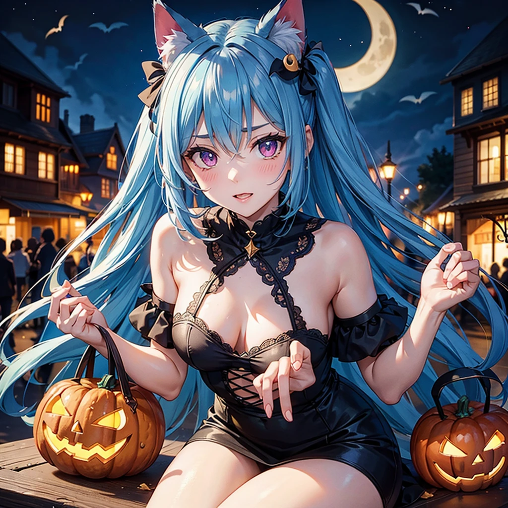 (Sky blue hair),(Medium Hair), (Pink Eyes),Fair skin) ,(whole body),(One Girl),(Crescent Moon),(There are lots of pumpkin ghosts in the background),Cat ear,Cat clothes,Ahegao,Fall into Darkness,If you don't give me sweets, I'll play a prank on you.),Halloween Night Party),(masterpiece, Highest quality, Very detailed, Best Shadow), (Detailed Background), (Beautifully detailed face), High Contrast, (Best lighting, Very delicate and beautiful), ((Cinematic Light)), Hyper Detail,8k, Dramatic Light, Intricate details,night,(Bats flying in the background),Pumpkin handbag,There are sweets in the bag,