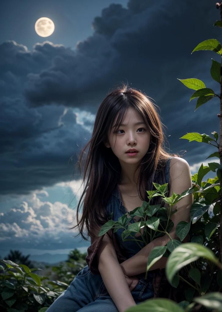 1 Female、Ivy leaves entwine around a thick tree、in the forestにいる可愛い少女、、in the forest、A dark cloudy night、lightning、The moon is hidden by the clouds、Wide-angle lens、Fantastic、High color reproducibility、Attention to detail、、Fascinating、Cinematic lighting、