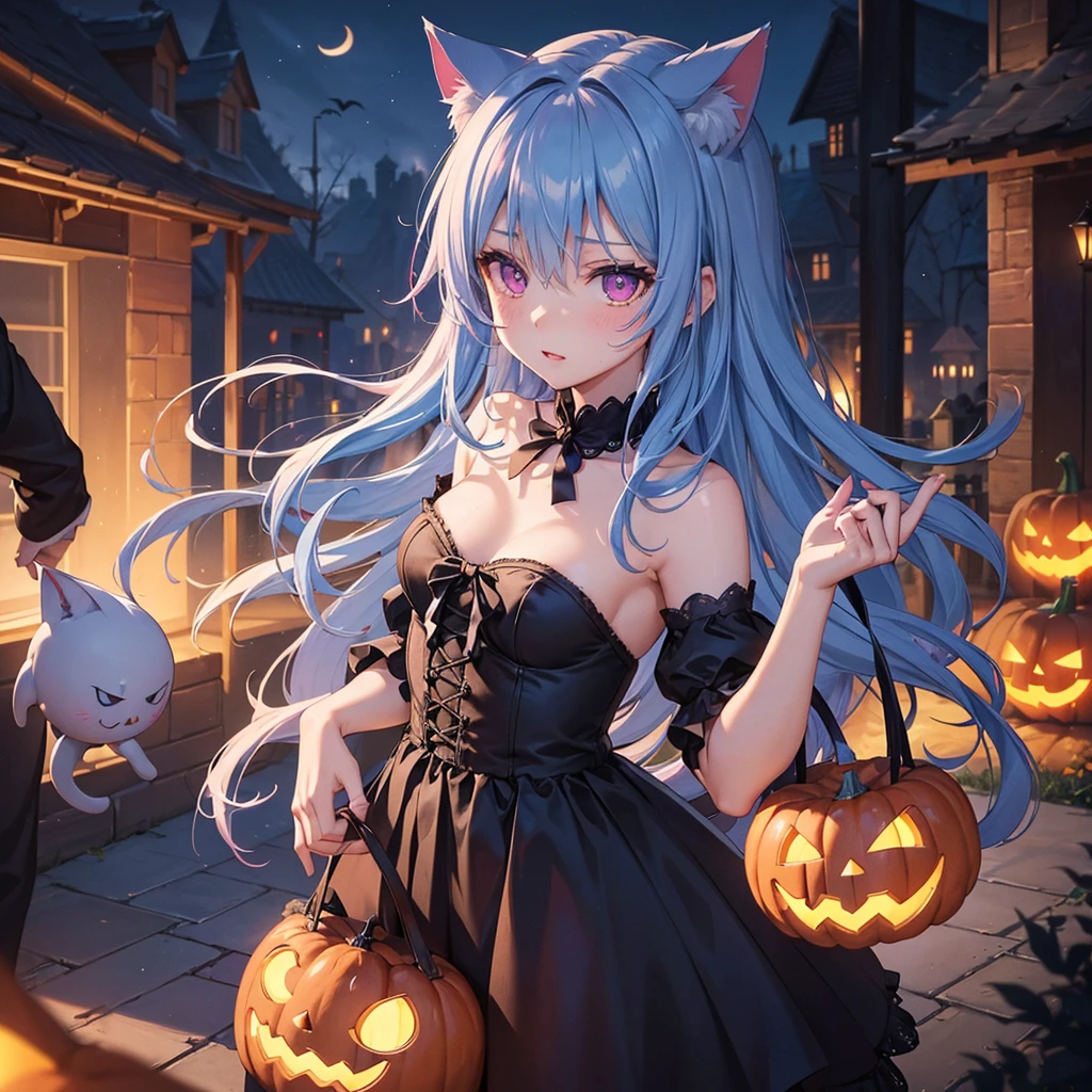 (Sky blue hair),(Medium Hair), (Pink Eyes),Fair skin) ,(whole body),(One Girl),(Crescent Moon),(There are lots of pumpkin ghosts in the background),Cat ear,Cat clothes,Ahegao,Fall into Darkness,If you don't give me sweets, I'll play a prank on you.),Halloween Night Party),(masterpiece, Highest quality, Very detailed, Best Shadow), (Detailed Background), (Beautifully detailed face), High Contrast, (Best lighting, Very delicate and beautiful), ((Cinematic Light)), Hyper Detail,8k, Dramatic Light, Intricate details,night,(Bats flying in the background),Pumpkin handbag,There are sweets in the bag,