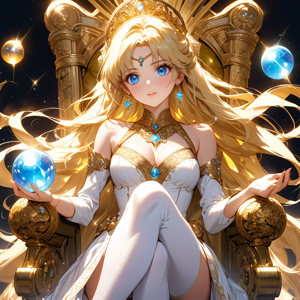 The incredible beauty golden-haired blonde has a pretty slender figure. She has long golden hair and large bright blue eyes, her face is worked out to the smallest detail, the whole face is completely, the girl is dressed in an elegant, luxurious dress embroidered with gold, which emphasizes her charms. The girl sits cross-legged on a golden throne and radiates extraordinary charm and beauty. In her hands she holds an energy ball, from which sparkling light emanates between her fingers. Colorful energy balls hover in the air behind her, reflecting her power and control over the supernatural realms. The girl looks like a brilliant sultana with indescribable abilities. She can manipulate time and space, control energy and reality with amazing grace. This image reflects his strength and superb elegance, as well as a stunning radiance that attracts and dazzles everyone who looks at him from below. Open cleavage, medium chest, excellent quality, lots of details, Puri focus Sharp and realistic.