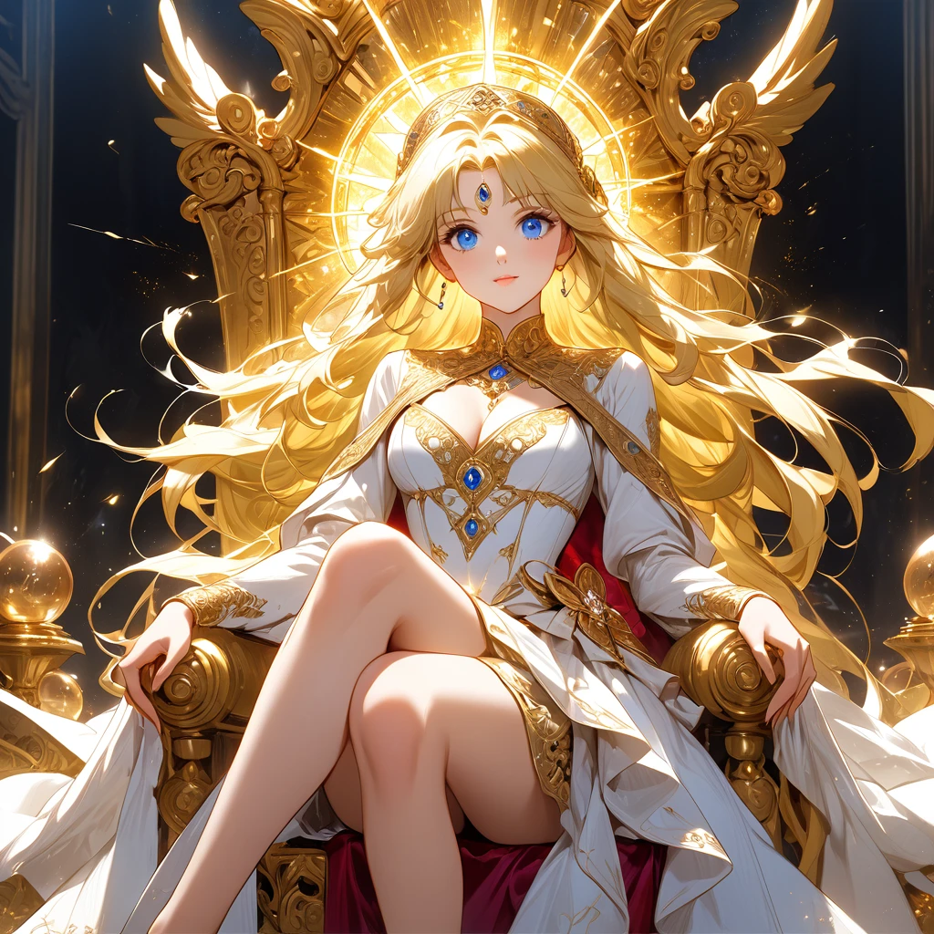 The incredible beauty golden-haired blonde has a pretty slender figure. She has long golden hair and large bright blue eyes, her face is worked out to the smallest detail, the whole face is completely, the girl is dressed in an elegant, luxurious dress embroidered with gold, which emphasizes her charms. The girl sits cross-legged on a golden throne and radiates extraordinary charm and beauty. In her hands she holds an energy ball, from which sparkling light emanates between her fingers. Colorful energy balls hover in the air behind her, reflecting her power and control over the supernatural realms. The girl looks like a brilliant sultana with indescribable abilities. She can manipulate time and space, control energy and reality with amazing grace. This image reflects his strength and superb elegance, as well as a stunning radiance that attracts and dazzles everyone who looks at him from below. Open cleavage, medium chest, excellent quality, lots of details, Puri focus Sharp and realistic.