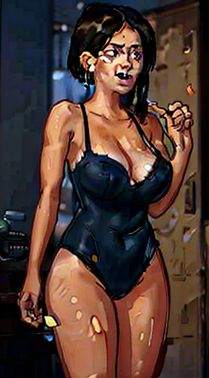 Jiro, 1 girl, she is wet, A shocked expression, short black hair, short messy hair, hair wet, standing, wetclothes, from the front,((Masterpiece artwork),(very detailed CG 8k unity wallpaper),best qualityer,,Report,1 girll,cinematic lighting,detailed back ground,beautiful detailed eye pupils,(Very fine and beautiful),(Beautiful and detailed description of the eyes),ultra detali,Masterpiece artwork,)),Facing the camera,outgoing underparts,camel fingers,absurderes,A high resolution,ultra detali),she is soaked,1 girll,Report,mellow,(pretty long hair,brunette hair)emotive expressions,With open mouth, protuberance,camel fingers,outgoing,colorfully,More Detailed,external photo of the body, beautiful purples eyes, perfects eyes, face perfect, (purples eyes:1), muscular, Room, hot pose, Kale, Kale, sexly, long earlobes, vagina,