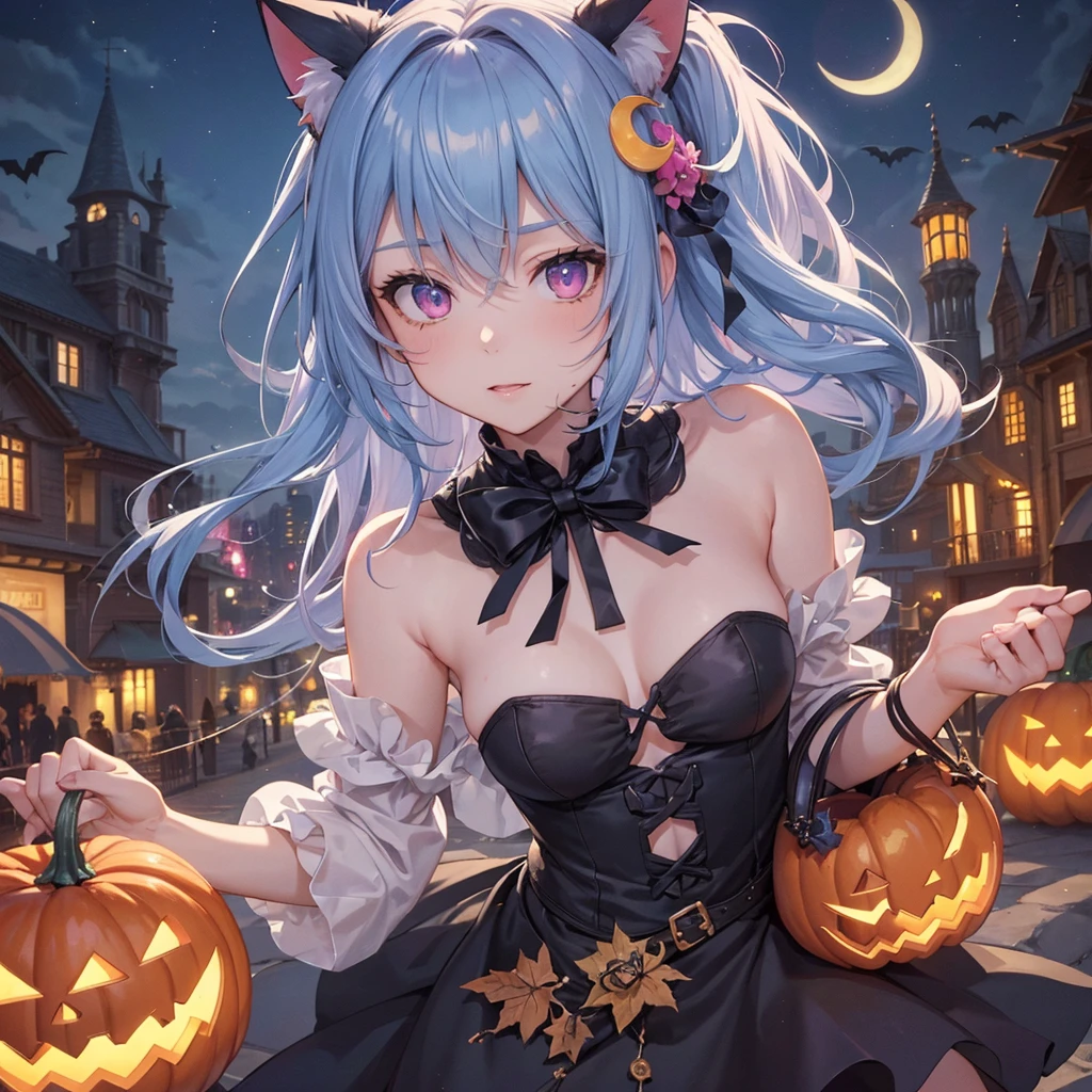 (Sky blue hair),(Medium Hair), (Pink Eyes),Fair skin) ,(whole body),(One Girl),(Crescent Moon),(There are lots of pumpkin ghosts in the background),Cat ear,Cat clothes,Ahegao,Fall into Darkness,If you don't give me sweets, I'll play a prank on you.),Halloween Night Party),(masterpiece, Highest quality, Very detailed, Best Shadow), (Detailed Background), (Beautifully detailed face), High Contrast, (Best lighting, Very delicate and beautiful), ((Cinematic Light)), Hyper Detail,8k, Dramatic Light, Intricate details,night,(Bats flying in the background),Pumpkin handbag,There are sweets in the bag,