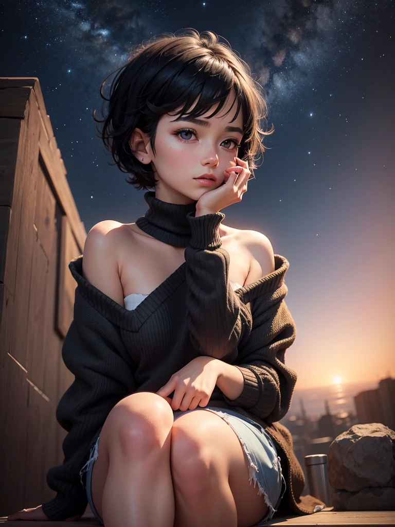 (,Street lamp,moon),masterpiece, One woman, Solo Exhibitions, Beautiful woman with small breasts,Beautiful Goddess Portrait, Beautiful and elaborate face, Porcelain-like skin, (((Full Shot,center, night, Black Hair, short hair)), Very soft lighting, Symmetric, complicated, grace, Attention to detail, realism, art, concept art,White clothes,squat,