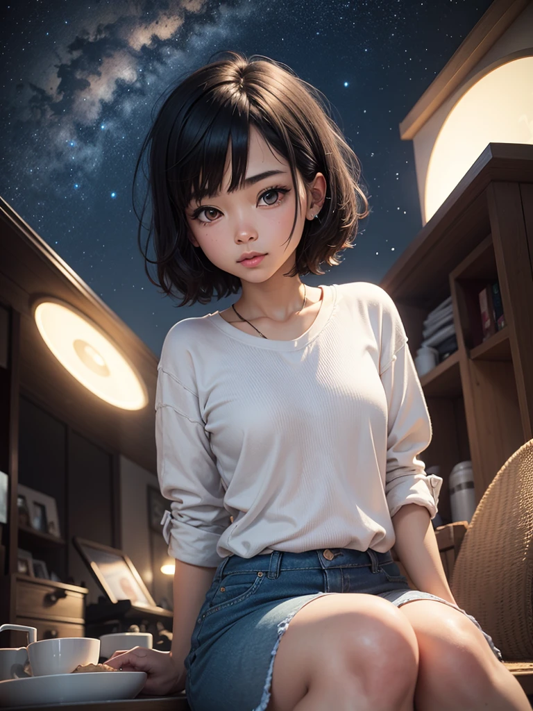 The girl with short black hair sits and looks up at the night sky. 