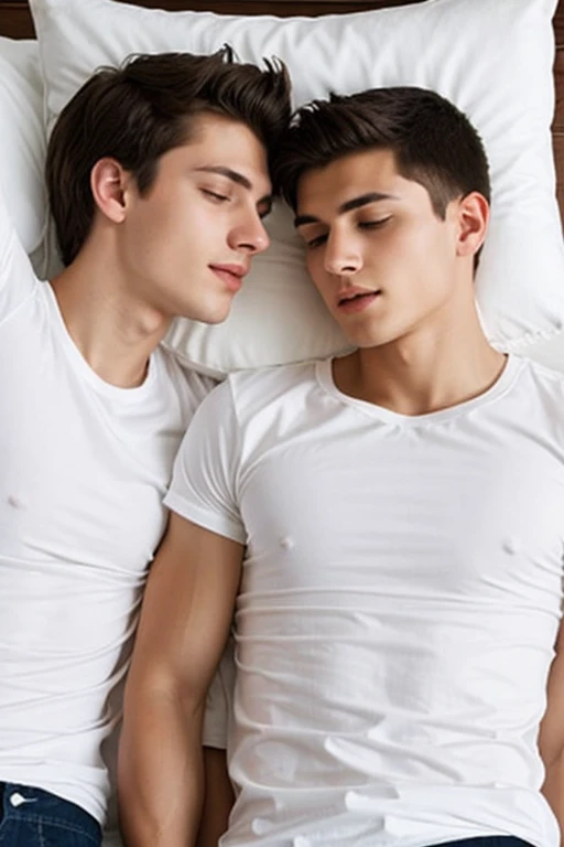 A young man, Beautiful, handsome, skinny, white t-shirt white playing with the pillow the hit with his brother