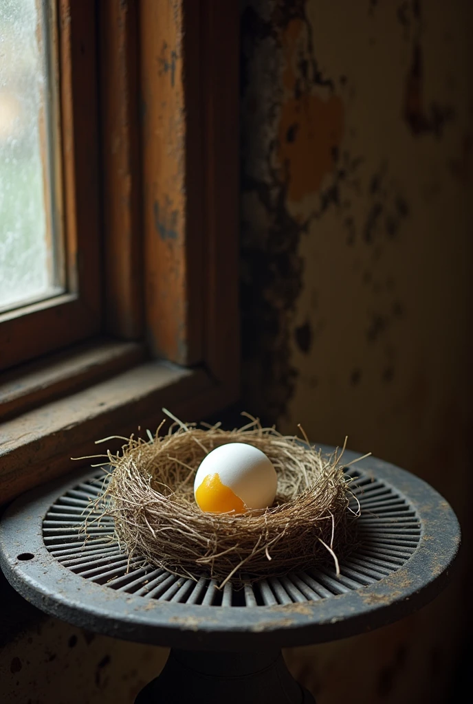 In an Indian house in 1590s a nest on fan where a egg is broken and other egg is being save by a middle aged woman and birds see this.
