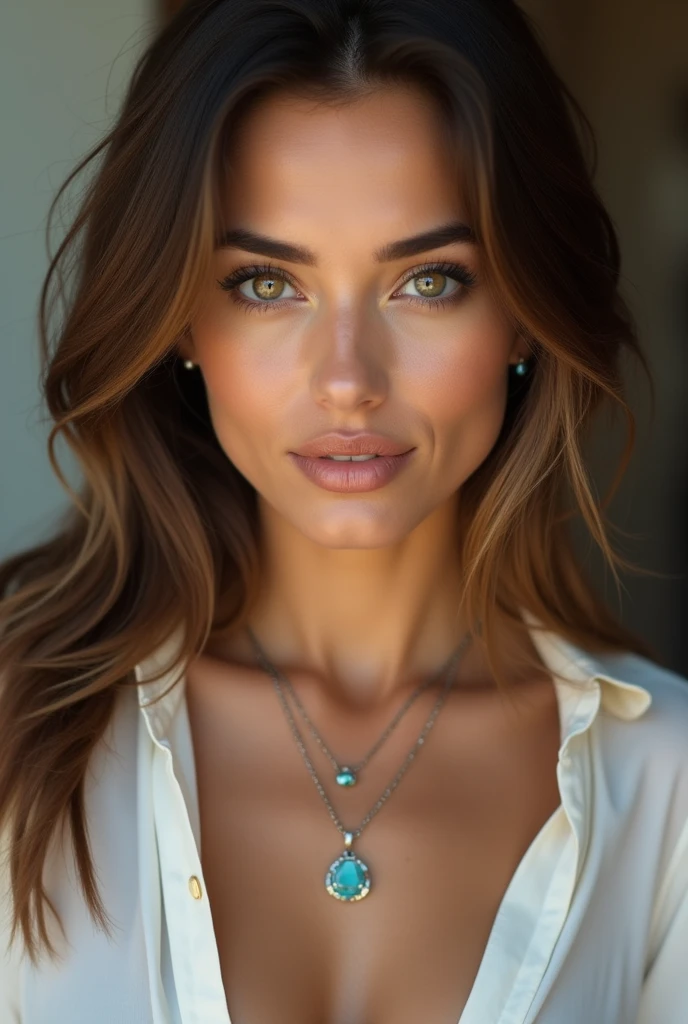 High resolution、1 female、necklace、nude, big breast, gem、Earrings、Beautiful Face、Body Up、Tyndall effect、Realistic、Rim Light、Two-tone lighting、(High resolutionスキン:1.2)、8k UHD、Digital SLR、Soft lighting、high quality、Volumetric lighting、photograph、High resolution、4K、8k、Brown haired woman、Adult、Small eyes、Perfect Mouth、Highly detailed eyes and mouth、Black natural eyes、Pure brown hair color、LOL、Caucasian skin color、White shirt and random color tank top、Hair quality and shine、street