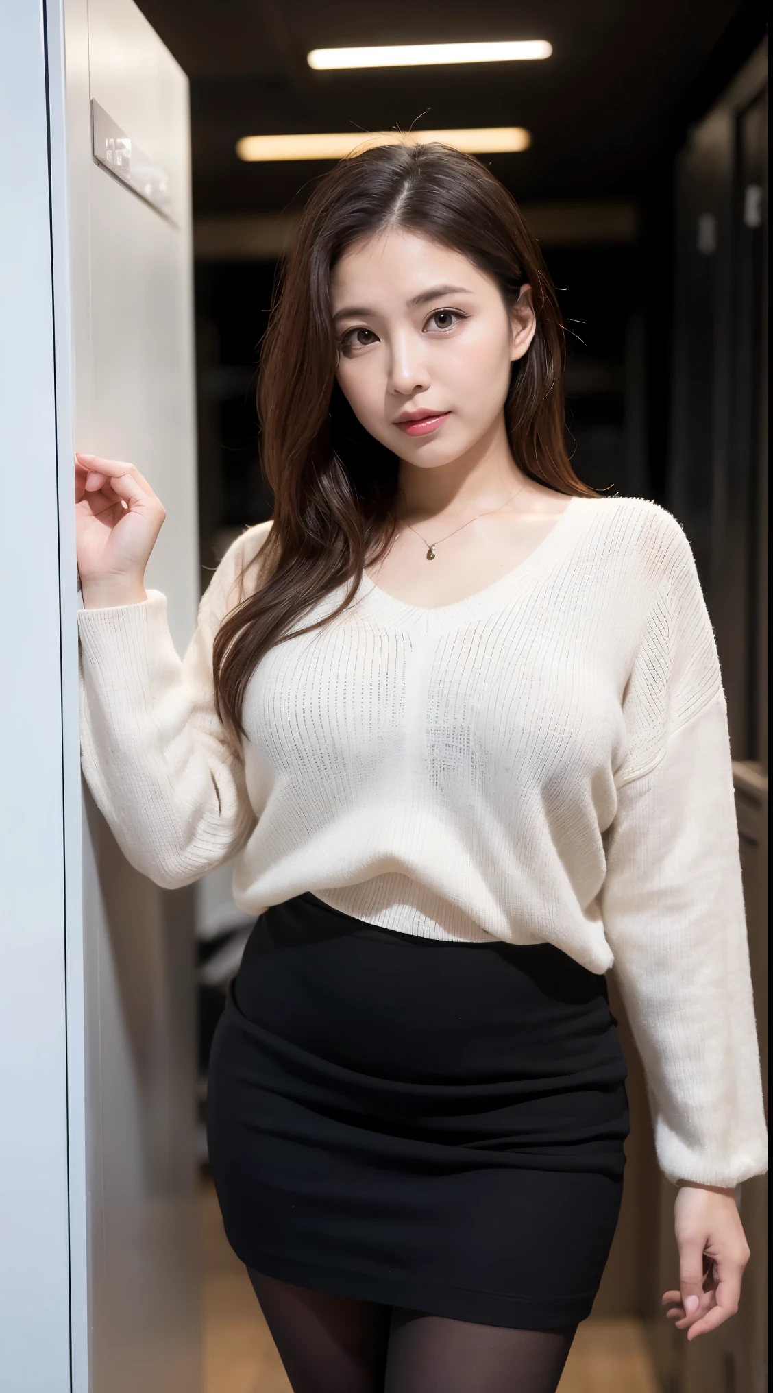 ((Highest quality、8k、masterpiece:1.3))、Realistic, Sharp focus, High resolution, High resolution,  alone, Japanese, Middle-aged women, Beautiful woman, sexy, (suit, Tight Skirt, Ultra-realistic pantyhose:1.3), (Full Body Shot:1.2) , 43 years old, Plump, Bob Hair, Wrinkles around the eyes, Office Changing Room, Start taking off your clothes and getting changed、From behind、Shooting through the gap in the door、many steel lockers, Dark Background, Beautiful mature woman
