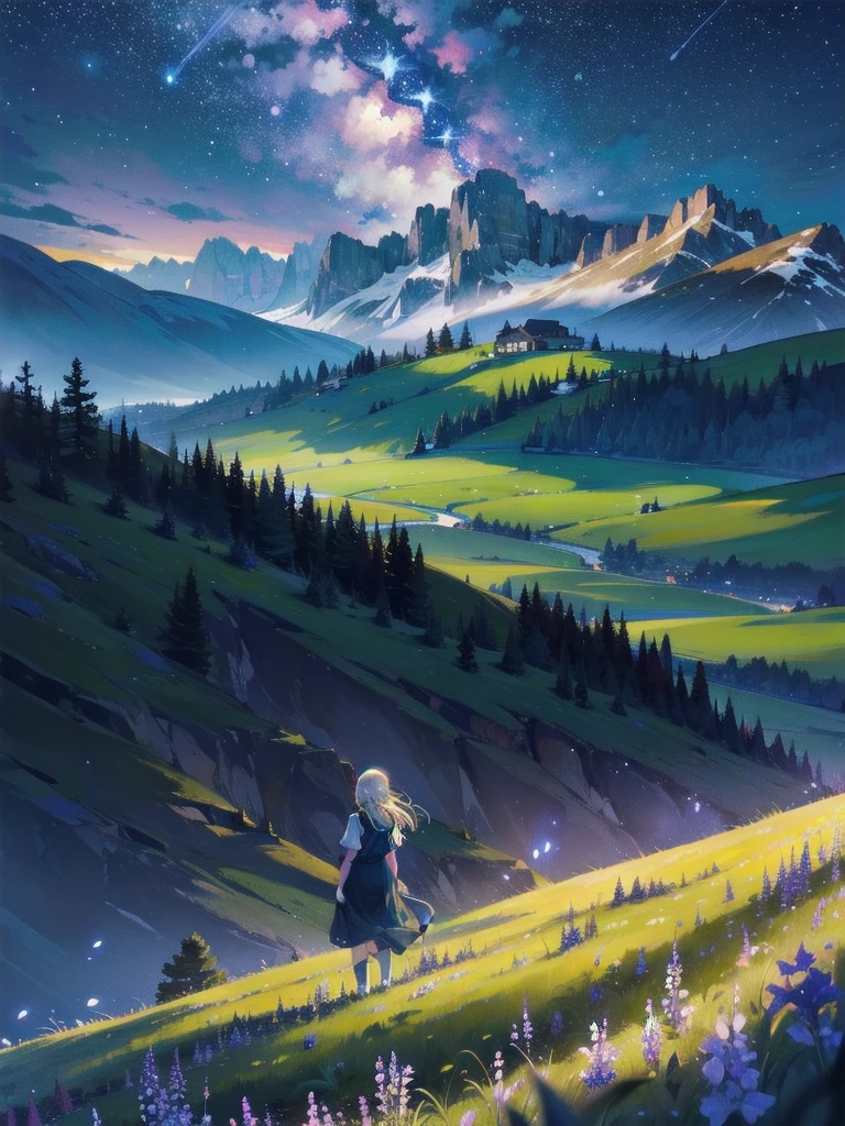 A secluded mountain meadow under a starry sky, with wildflowers and tall grass. The expansive view of the night sky and distant mountain ranges is sharply rendered, enhancing the romantic and serene setting. The meadow is softly illuminated by moonlight, creating a tranquil and picturesque scene. 4K resolution.