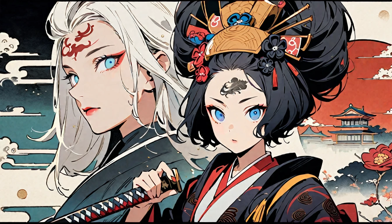 Ink painting, (((1 girl))), (((Tattoo in the middle of the forehead))),(((In the background is the Akatsuki moon))), (((dressed as a samurai))), (((holding a katana sword))), (((Oiran))), (((Great hair accessories))), Japanese style headphones, Demon possession, (((Sakura tree color eyes with engraving inside))),Face up close, Japanese beauty, White hair, Sensitive and precise, Modern Ukiyo-e style, Highest quality, katsushika hokusai, (((Elements of horror))), beautiful girl, Black hair, Sensitive and precise, Modern Ukiyo-e style, Cyberpunk city