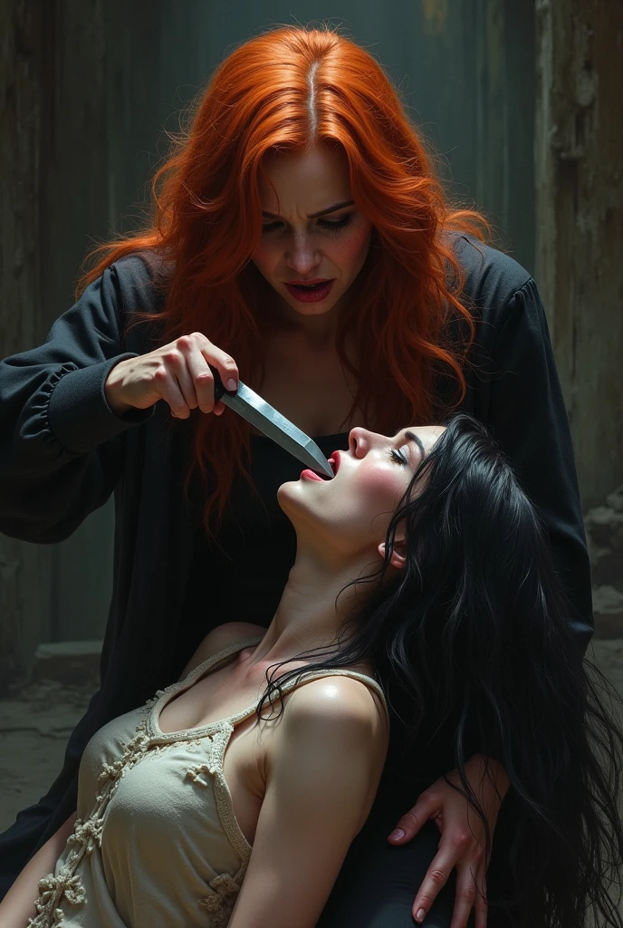A red-haired woman with long hair, sitting on the lap of a white woman with long black hair, sending a knife into the white woman's neck
