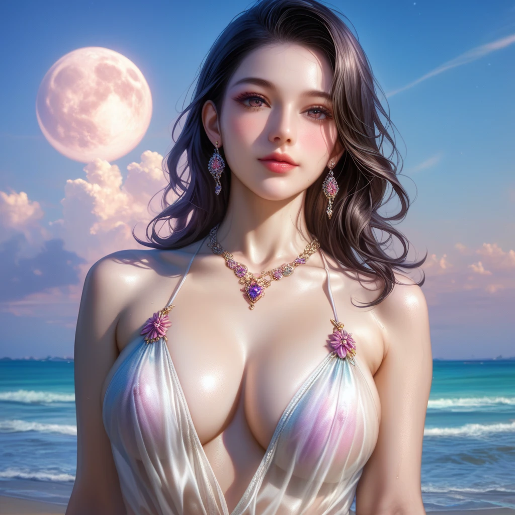 score_9, score_8_superior, score_7_superior, A masterpiece in 32K resolution,Highest quality,it is really amazing,Very detailed,Ultra-high resolution,Ultra-realistic,Realistic,Increased depth of field,Cinematic lighting,
Sexy mature Japan woman,
black straight medium hair,Ultra-detailed and beautiful face,Gentle expression,Translucent white skin,Realistic skin texture,
Elegant swimwear,
Elegant and luxurious design,Colorful color patterns,Beautifully detailed decoration,Detailed fabric texture,
Gorgeous necklace,Earrings,
Coastline at night,delay々A desolate sandy beach that continues,The huge moon illuminates the beach in a fantastic way,Dark clouds floating in the dark night sky,
Low - Angle,