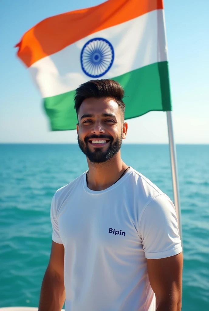 1 man standing on ocean and his name is bipin and that name is written on his tshirt and he has a Indian flag and their face is smiley