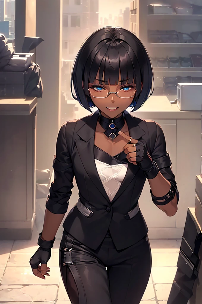 (masterpiece:1.2), highest quality, High resolution, unity 8k wallpaper, (fine and beautiful eyes:1.6), highly detailed face, perfect lighting, Detailed CG, (perfect hands, perfect anatomy:1.3), (1 femmale:1.4), (20 years old femmale:1.4),( black hair:1.3), extremely beautiful detailfeminine face and eyes, (evil smile:1.3), detailed eyes, best quality,( dark skin:1.8), extremely detailed, very precise detailed,(glasses:1.3), (blunt bangs:1.3), open mouth, (very short hair:1.4),(fingerless gloves:1.5), (half closed eyes:1.5),(business suit:1.6),boots,(flat chest:1.4),